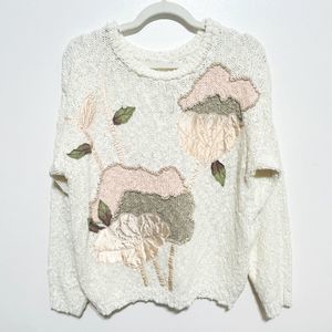 Vintage Shenanigans Boucle Knit Sweater Cream Pastel Appliques Women's Sz M